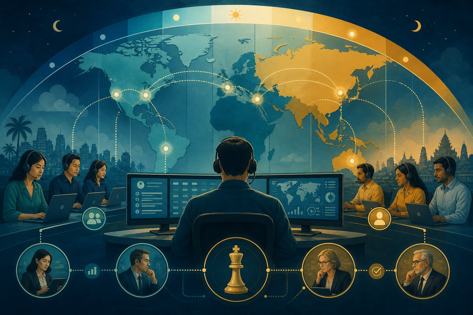 Offshore call center supervisor coverage maps: protecting decision windows editorial illustration
